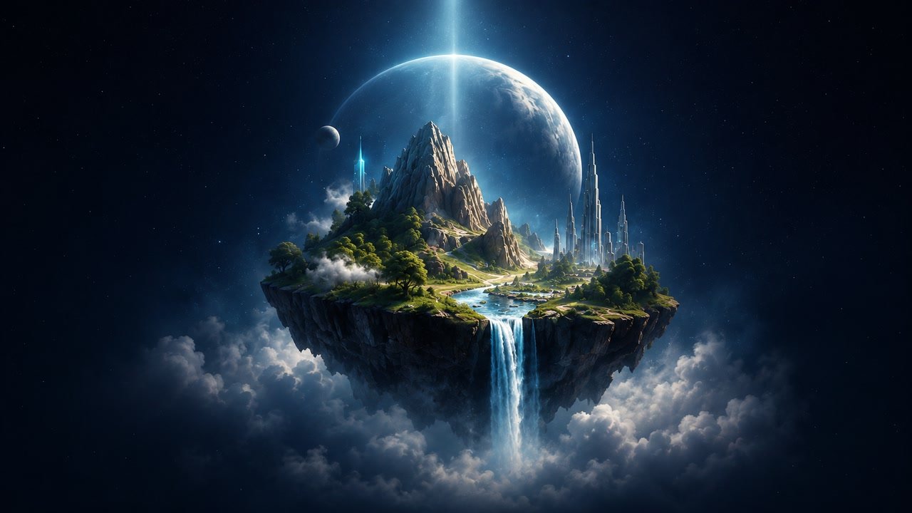 A luminous island shaped like a small planet, with a waterfall spilling from its underside above the clouds.