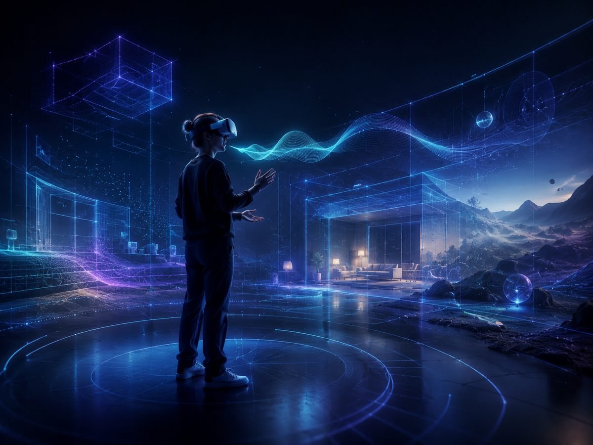 A person wearing a VR headset gestures with both hands as a glowing wave and wireframe structures reshape the space around them into a furnished room and landscape.